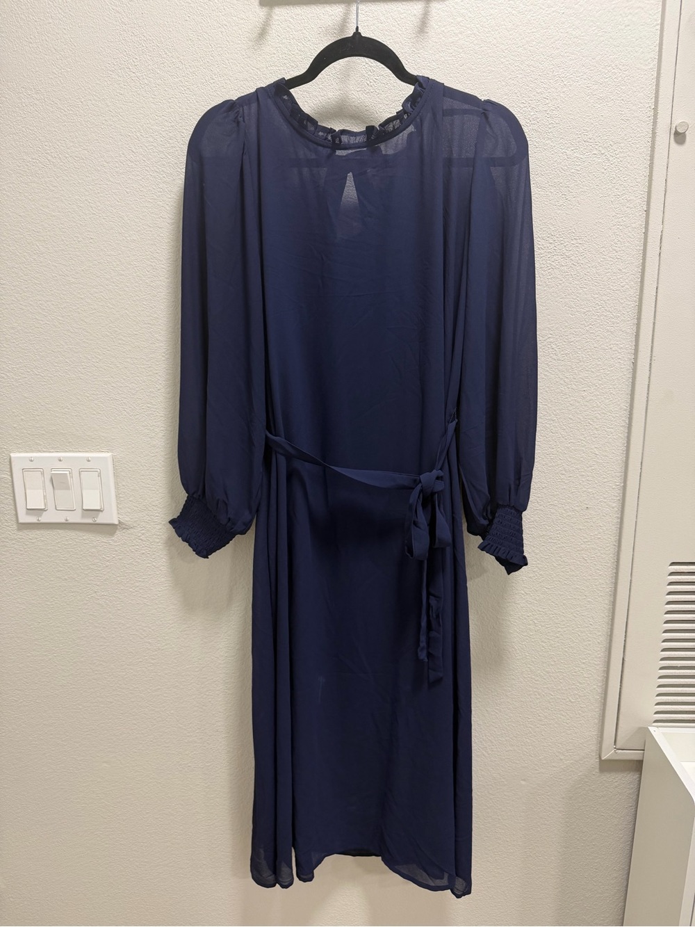 Classic Navy Long Sleeve Midi Dress with Waist Tie